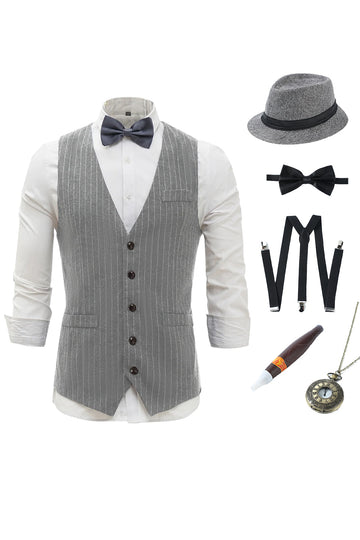 Light Grey Pinstriped Men's Vest with 5 Pieces Accessories Set